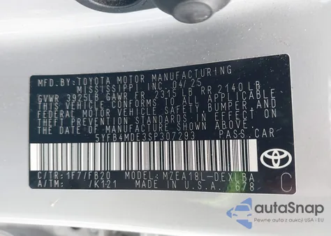 2025 Toyota Corolla Le из США, поврежденный, VIN 5YFB4MDE3SP307293